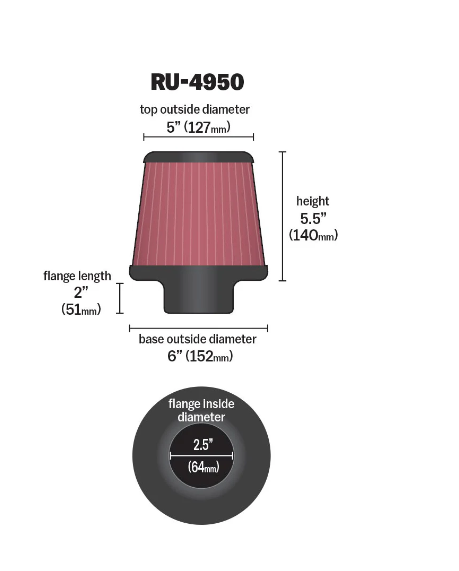K&N Universal Clamp-On Air Filter - Round Tapered 64 - RU-4950 K&N